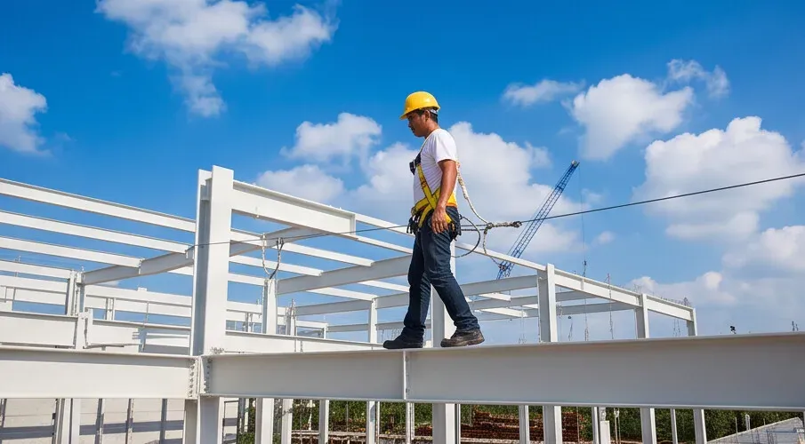 Worker using fall protection on structural steel at height.